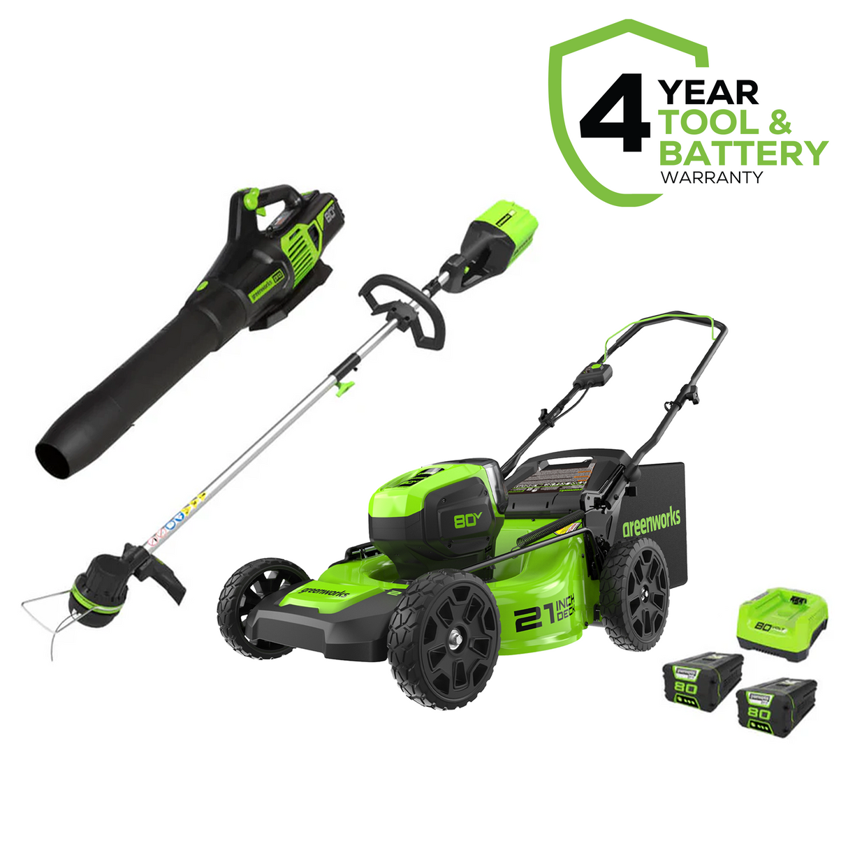 Ensemble 80 V de tondeuse poussée sans balais 21 pouces, coupe-herbe sans balais 16 pouces et souffleur sans balais 730 CFM - 170 MPH, (2) batteries 2,0 Ah et chargeur rapide 4 A inclus