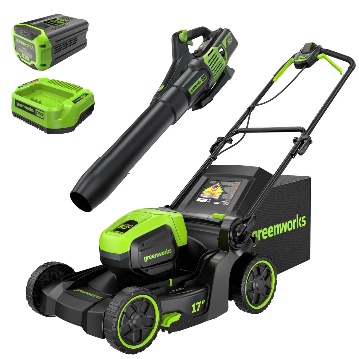 Ensemble 60 V de tondeuse sans balais 17 pouces et souffleur sans balais 610 CFM (pi³/min), batterie 4 Ah et chargeur inclus