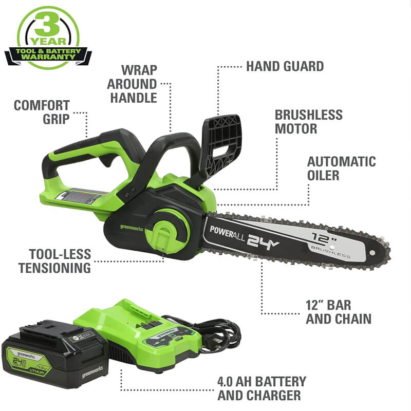 24V 12" Brushless Chainsaw, 4.0Ah USB Battery and Charger Included - CS24L410