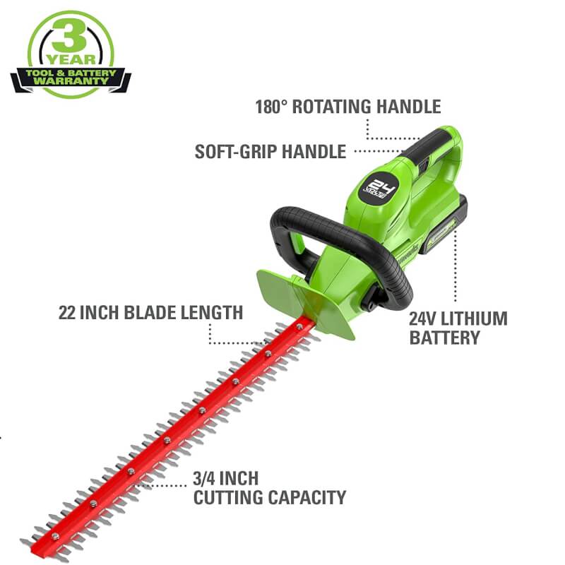 24V 22" Hedge Trimmer with Rotating Handle, 1.5Ah USB Battery and Charger Included