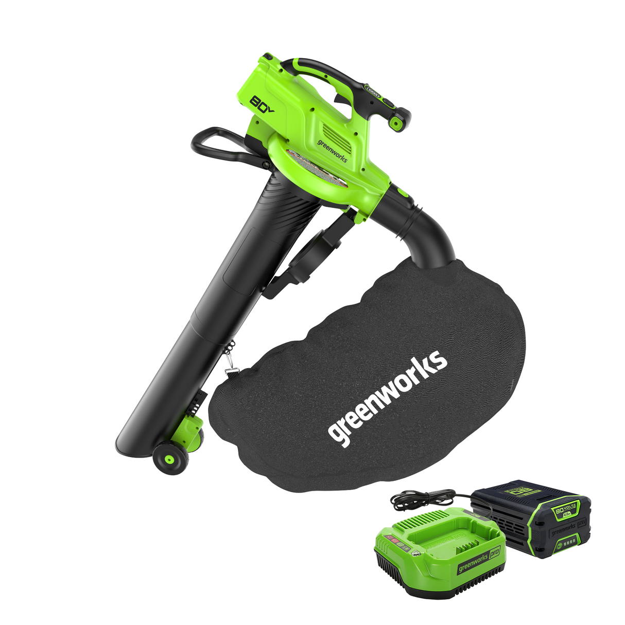 Greenworks 80V 3-in-1 Blower Vacuum – 520 CFM, 240 MPH, 4.0Ah Battery & Charger Included
