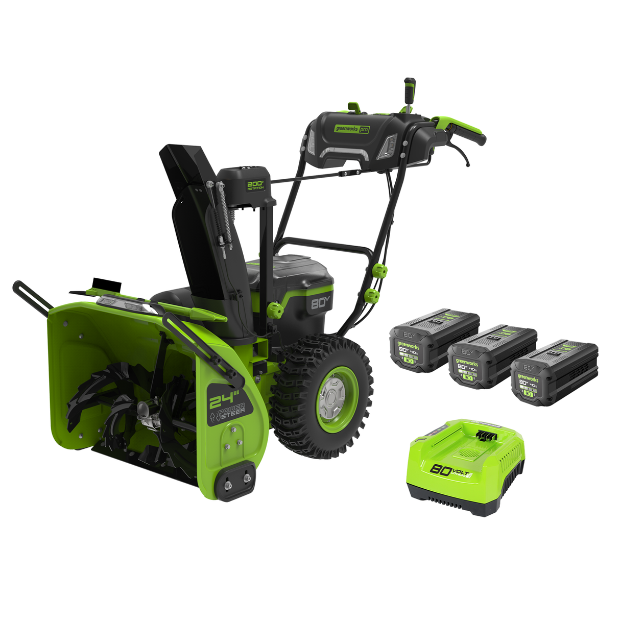 Souffleuse à neige à deux phases 80 V, 24 pouces, (3) batteries 4,0 Ah et chargeur inclus