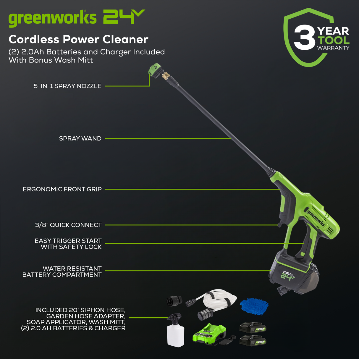 24V 600 PSI Cordless Pressure Washer Kit, (2) 2.0Ah Battery and Charger Included BONUS: Wash Mitt Included