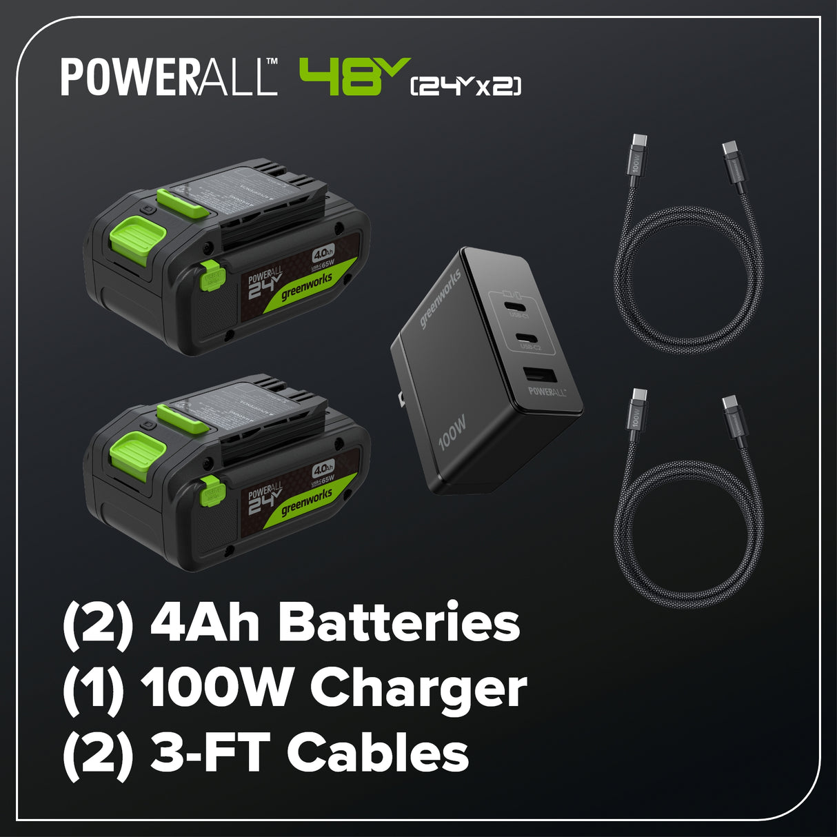 48V (24V x 2) 16" Brushless String Trimmer, (2) 4.0Ah 21700 Batteries and 100W Type-C Charger with (2) 3-FT Cables Included