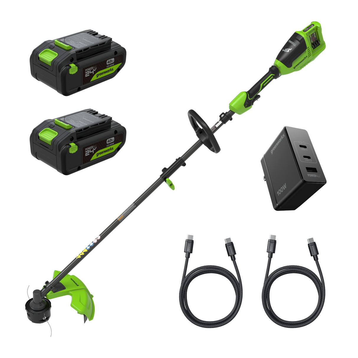 48V (24V x 2) 16" Brushless String Trimmer, (2) 4.0Ah 21700 Batteries and 100W Type-C Charger with (2) 3-FT Cables Included