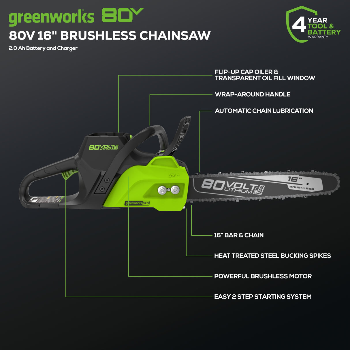80V 16" Brushless Chainsaw, 2.0Ah Battery and Charger Included - CS80L211