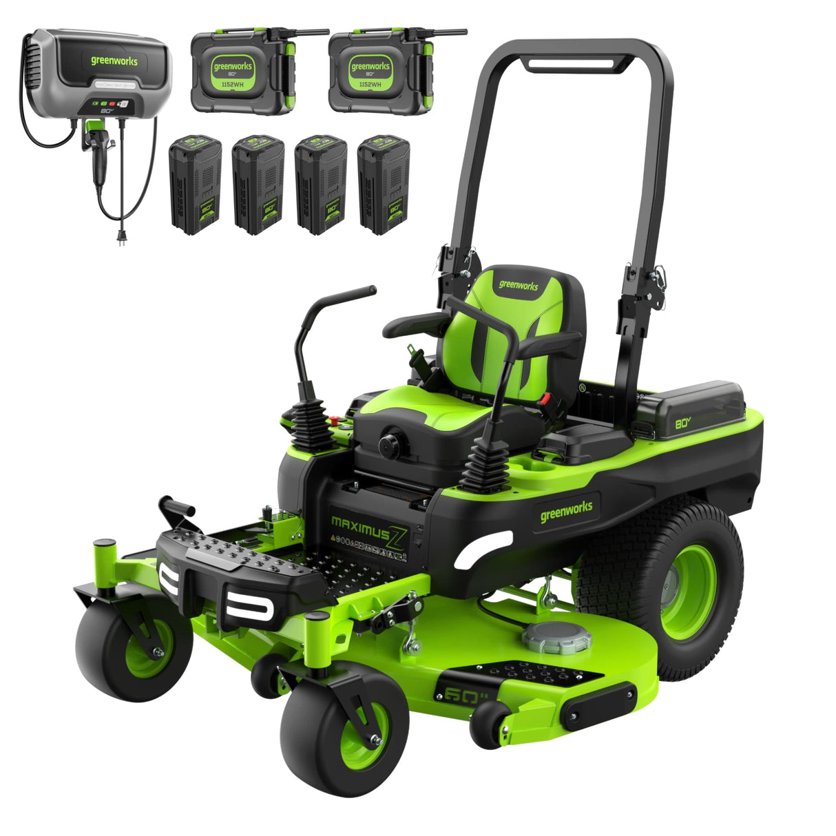 Tondeuse autoportée à rayon de braquage zéro 80 V, 60 pouces Maximus Z, (2) batteries 16,0 Ah, (4) batteries 8,0 Ah et chargeur 1,5 Kw