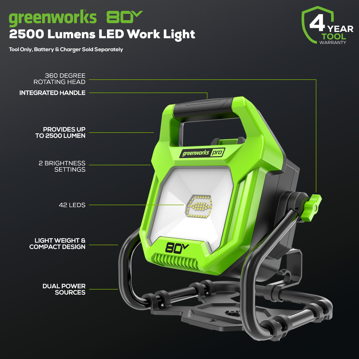 80V AC/DC 2500 Lumen LED Work Light (Tool Only)
