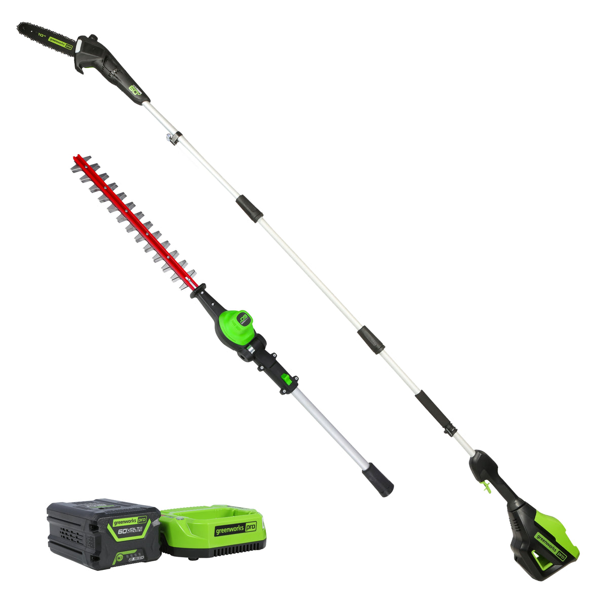 Scie à perche 60 V, 10 pouces avec accessoire taille-haie 60 V, 20 pouces, batterie de 2,0 Ah et chargeur inclus