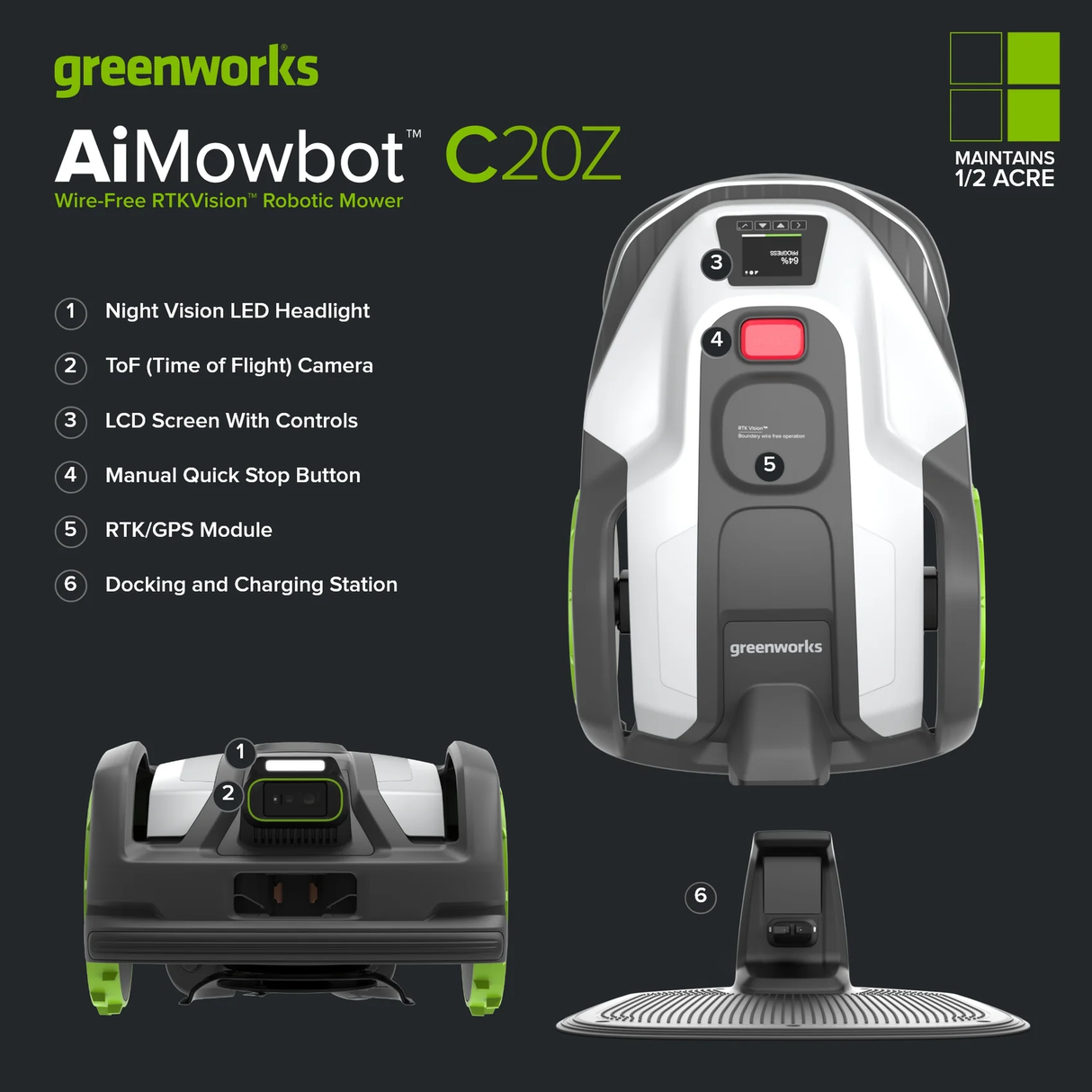 AiMowbot C20Z Wire-Free RTKVision Robotic Mower | 1/2 Acre, 4-Wheel Version