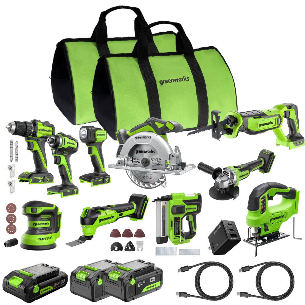 Ensemble 24 V de 10 outils électroportatifs sans balais, avec (2) batteries USB-C 4,0 Ah, (1) batterie USB-C 2,0 Ah et (1) chargeur rapide USB-C 65 W