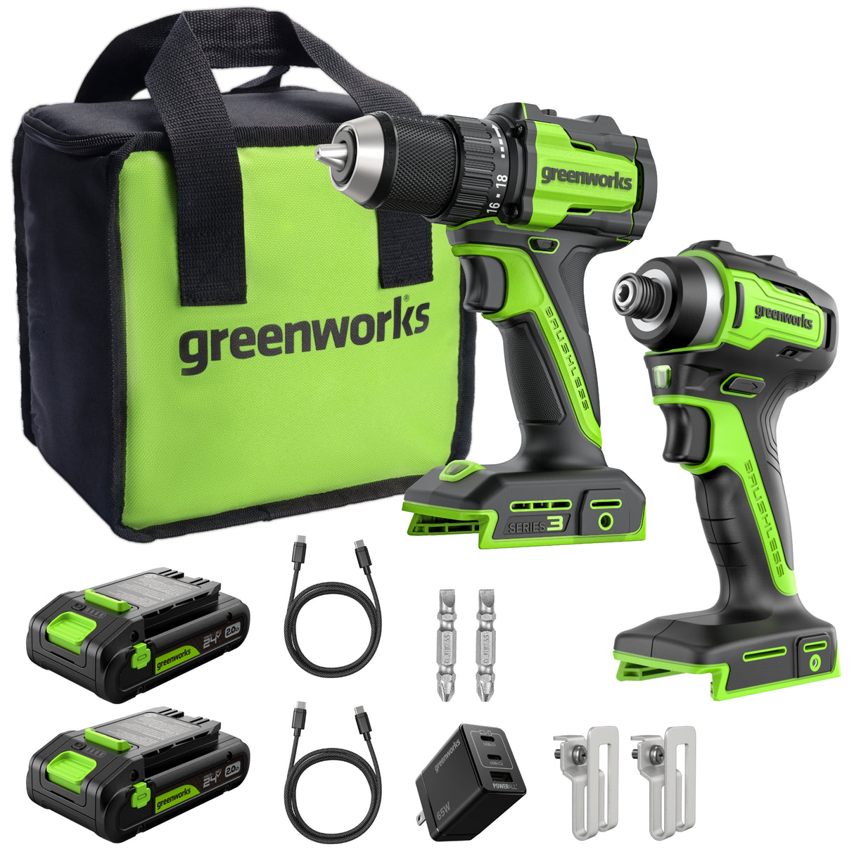 Perceuse-visseuse (400 po-lb) et clé à chocs (1 950 po-lb) à batterie Greenworks 24 V – avec (2) batteries USB-C 2,0 Ah et chargeur rapide USB-C 65 W inclus