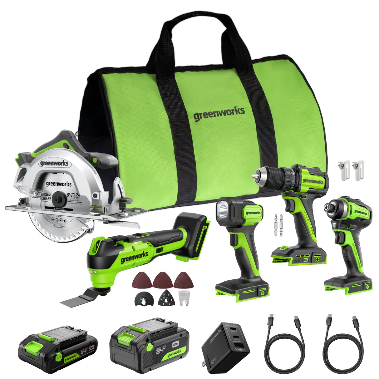 Greenworks 24V Brushless 5-Piece Power Tool Combo Kit, (1) 4.0Ah & (1) 2.0Ah USB-C Batteries & 65W USB-C Fast Charger Included