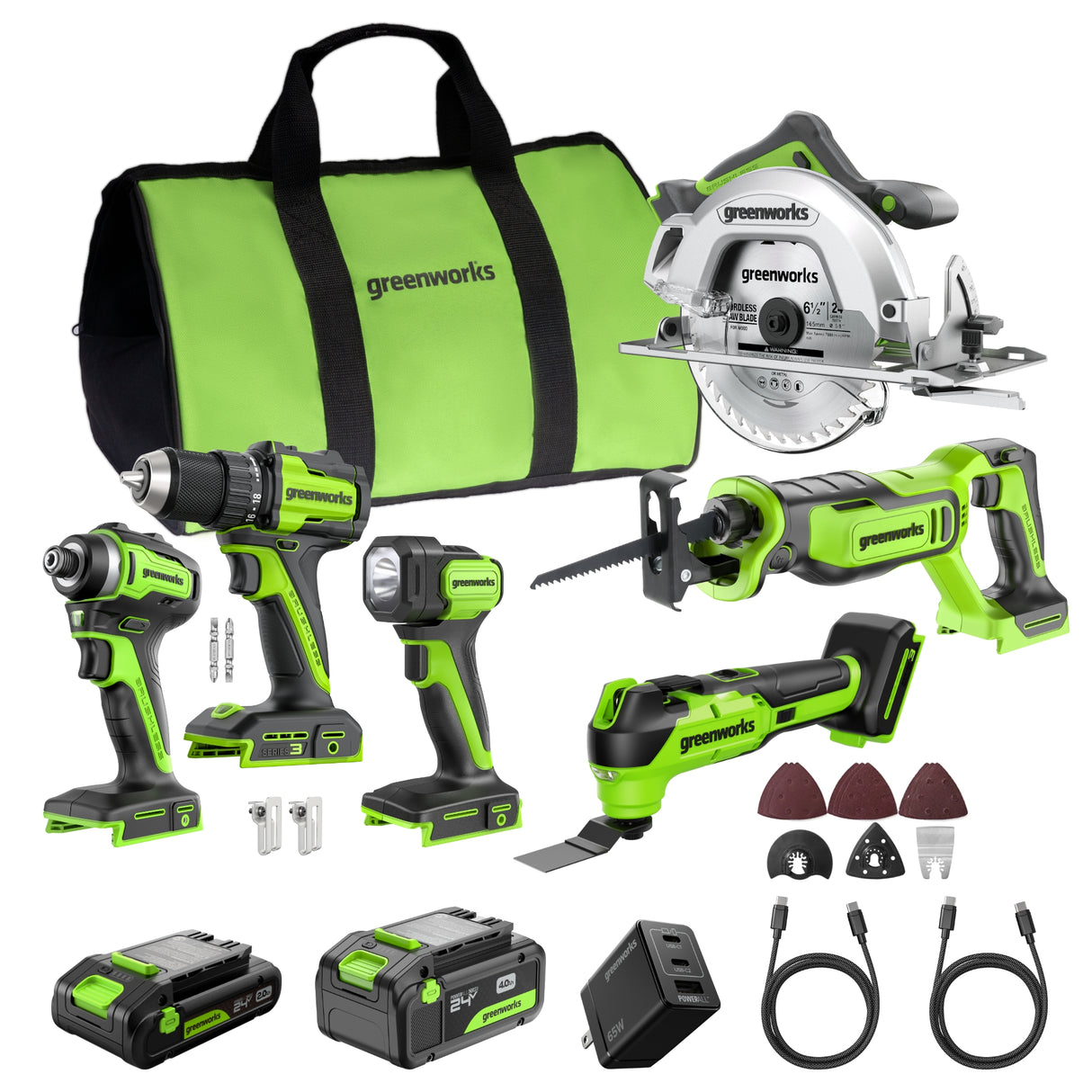 Ensemble 24 V de 6 outils électroportatifs sans balais Greenworks, avec (1) batterie USB-C de 4,0 Ah et (1) batterie USB-C de 2,0 Ah, et chargeur rapide USB-C de 65 W