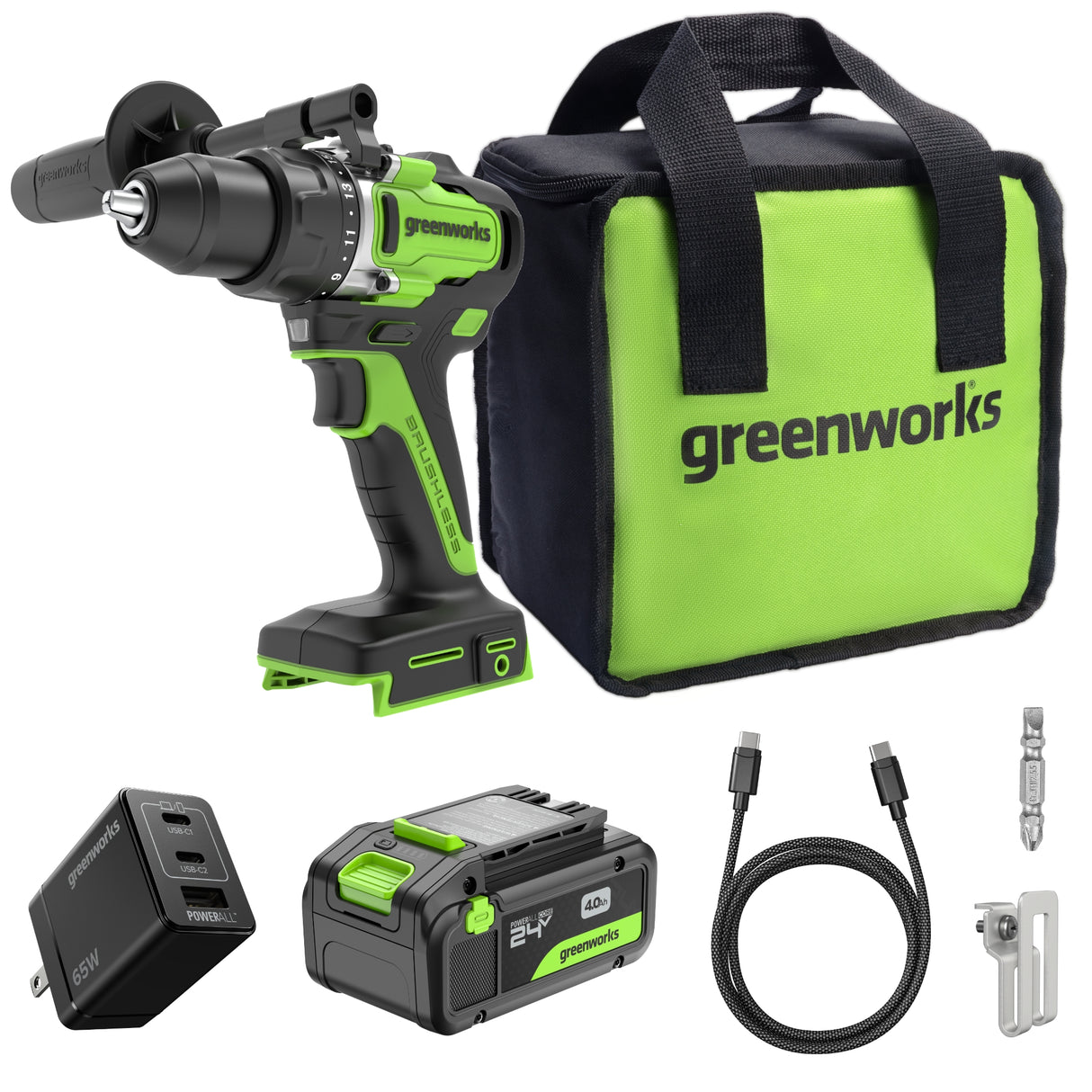 24V Cordless 1/2" 800 in/lbs Drill/Driver – 4.0Ah USB-C Battery & 65W USB-C Fast Charger Included