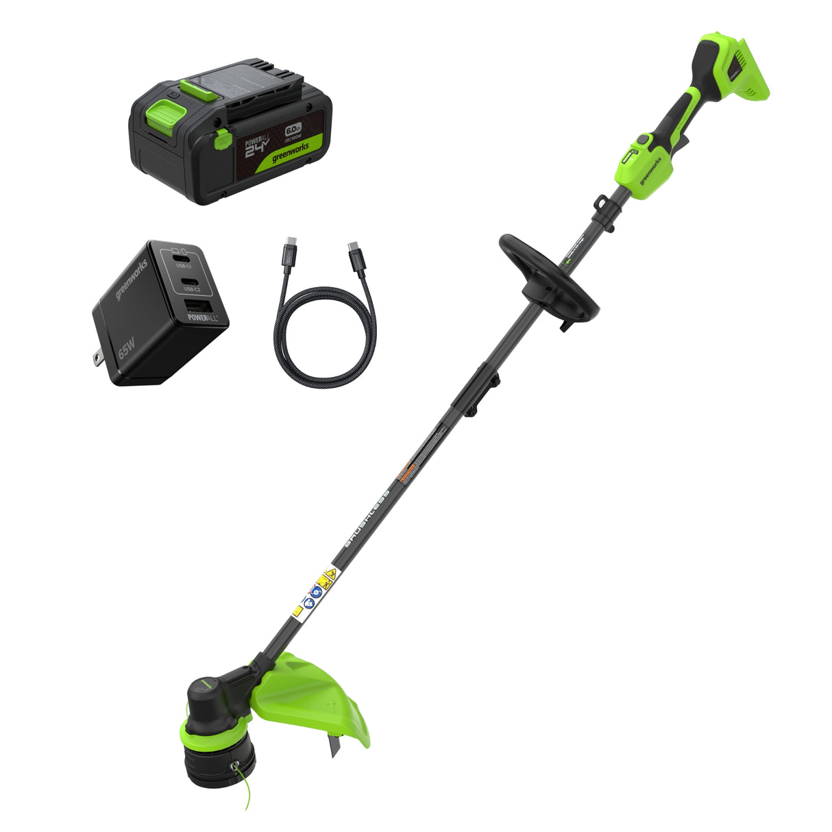 24V 15" Brushless String Trimmer, 6.0Ah Battery and 65W Type-C Charger with 3-FT Cable Included