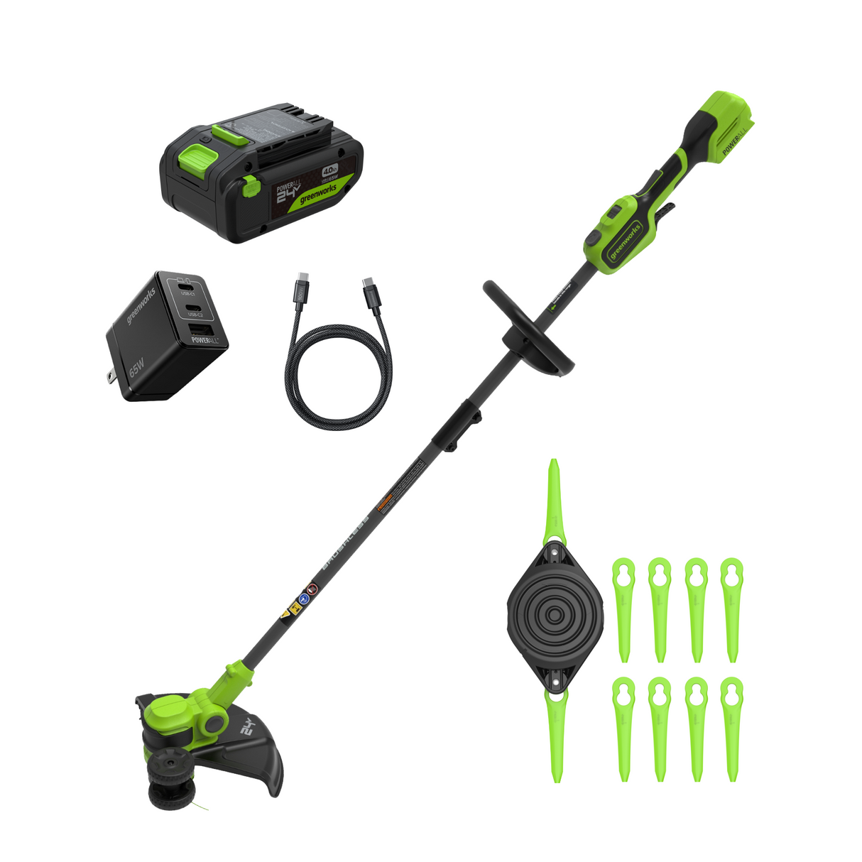 Coupe-herbe à batterie 24 V, 13 pouces, batterie 4,0 Ah 21700 et chargeur 65 W de type C avec câble de recharge de 3 pieds inclus