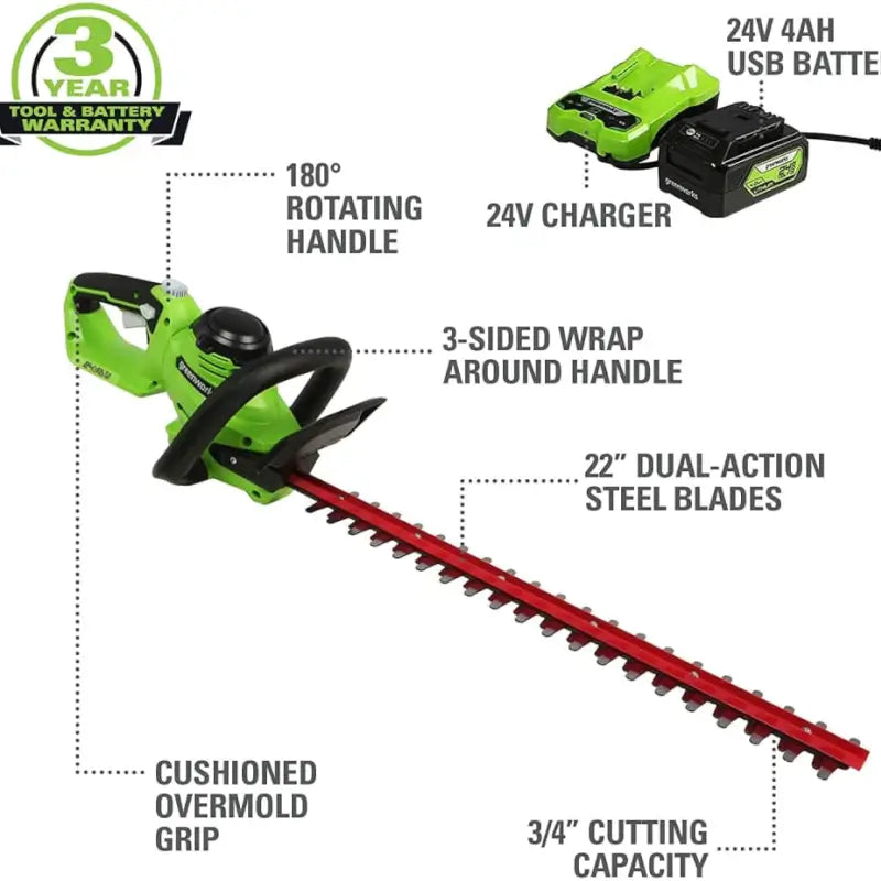 Taille-haie 24 V, 22 pouces, batterie 4,0 Ah et chargeur