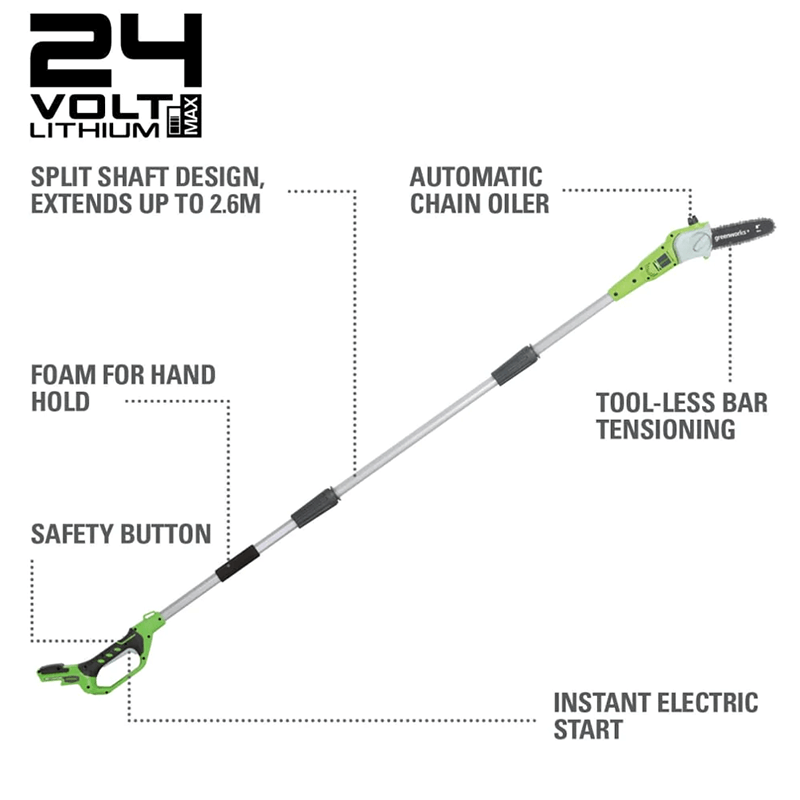 Scie à perche 24 V, 8 pouces avec accessoire taille-haie 24 V, 20 pouces, batterie USB 2,0 Ah et chargeur inclus