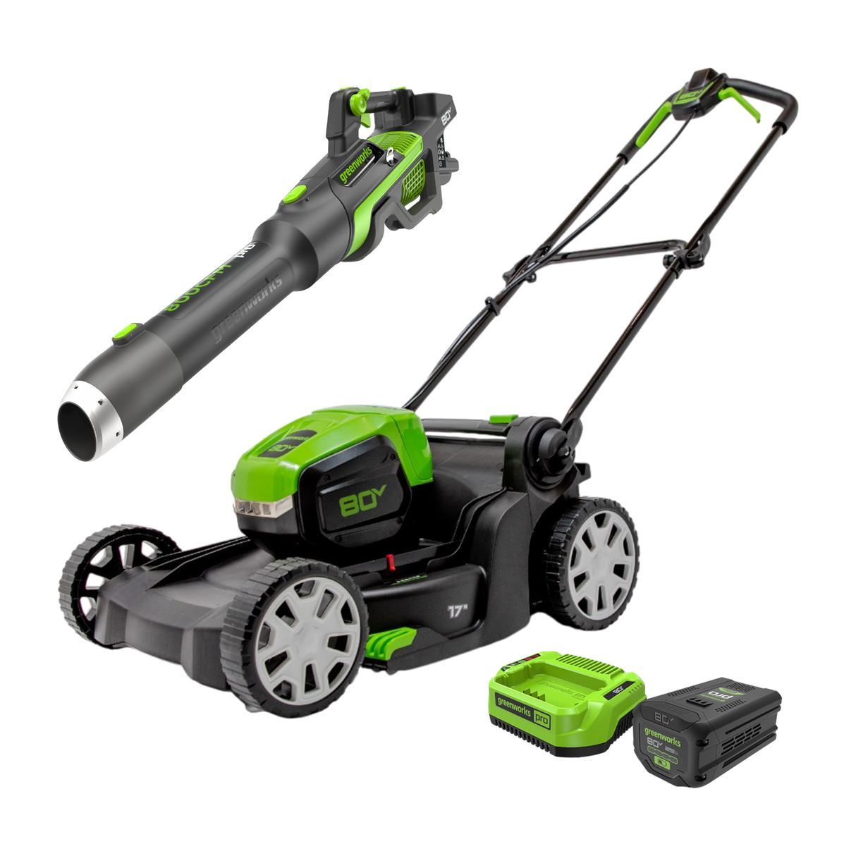 Ensemble 80 V de tondeuse poussée 17 pouces et souffleur 800 CFM (pi³/min) 200 MPH, batterie 4,0 Ah et chargeur 2 A inclus