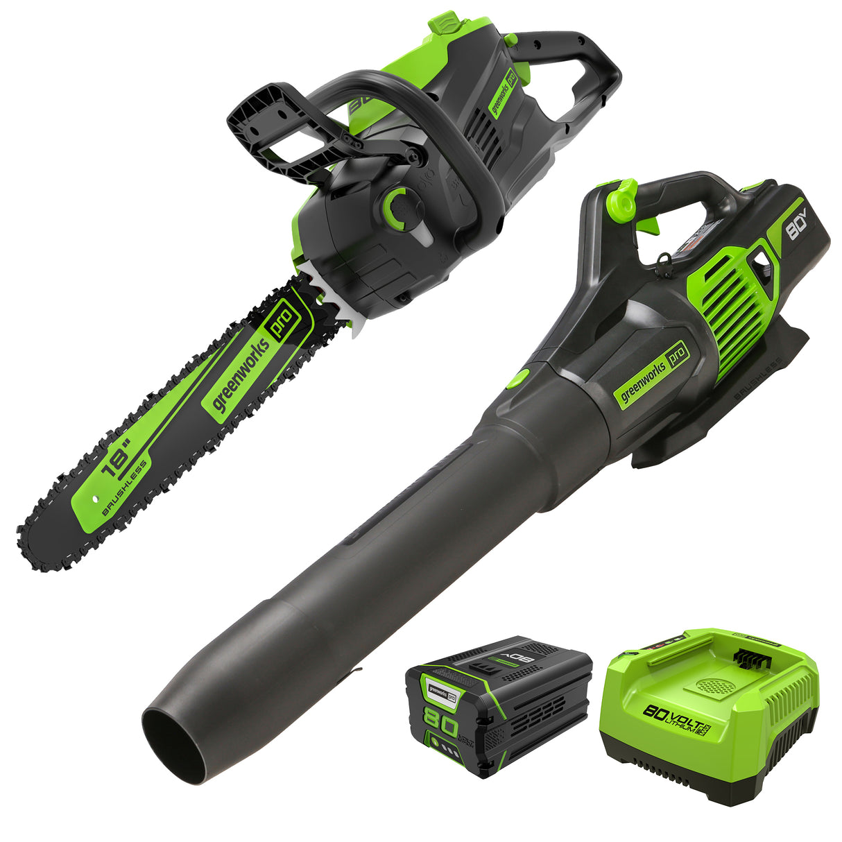 80V 18" Brushless Chainsaw & 80V Brushless Blower Combo Kit, 2.0Ah Battery and Charger Included