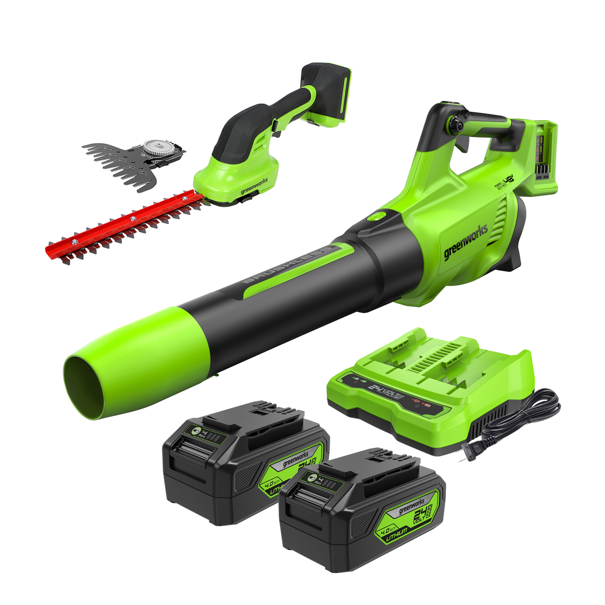 Ensemble 48 V (24V x 2) de souffleur à jet axial et cisaille-arbuste, (2) batteries 4,0 Ah et chargeur à double port inclus