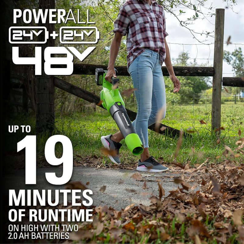48V (24V x 2) 515 CFM - 125 MPH  Leaf Blower, (2)  2.0Ah USB Batteries and 4A Dual Port Charger Included