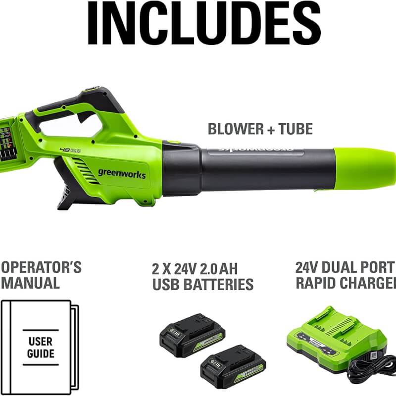 48V (24V x 2) 515 CFM - 125 MPH  Leaf Blower, (2)  2.0Ah USB Batteries and 4A Dual Port Charger Included