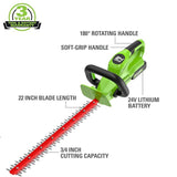 24V 22" Hedge Trimmer with Rotating Handle, 1.5Ah USB Battery and Charger Included