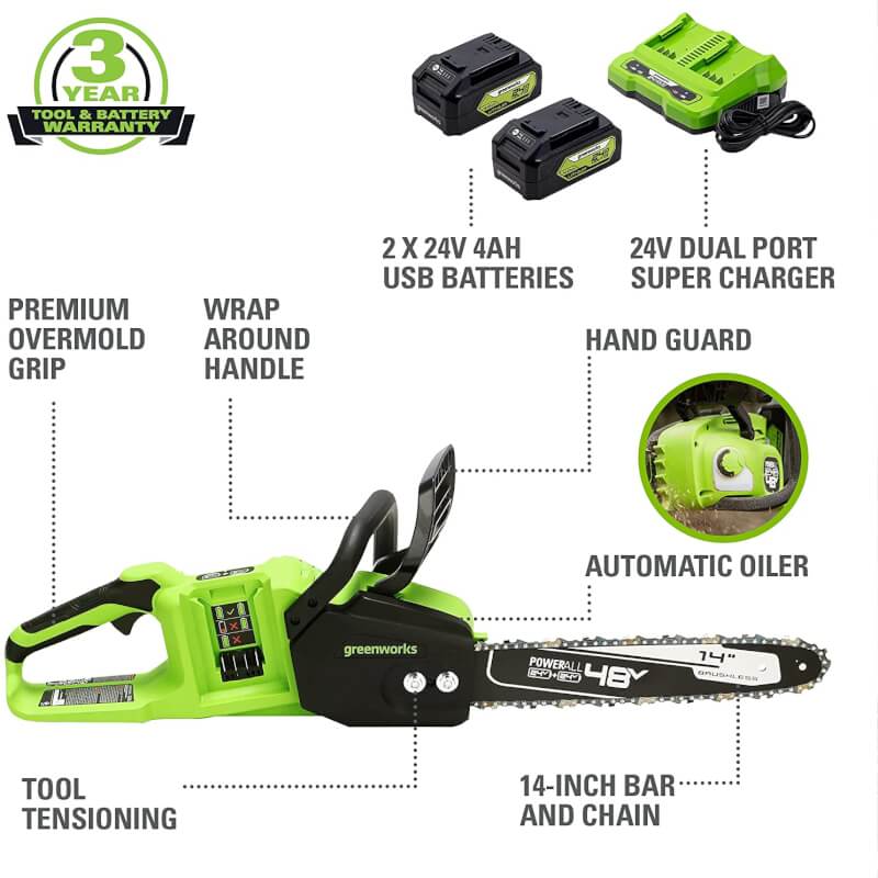 Scie à chaîne à batterie à batterie 48 V (24 V x 2), 14 pouces, avec deux (2) batteries USB 4,0 Ah et chargeur double port