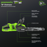 Scie à chaîne à batterie à batterie 48 V (24 V x 2), 14 pouces, avec deux (2) batteries USB 4,0 Ah et chargeur double port