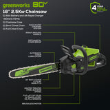 Scie à chaîne 80 V, 18 pouces, 2,5 kW, batterie 4,0 Ah et chargeur inclus BONUS : (2) Chaînes supplémentaires et mallette de transport