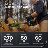 Scie à chaîne 80 V, 18 pouces, 2,5 kW, batterie 4,0 Ah et chargeur inclus BONUS : (2) Chaînes supplémentaires et mallette de transport