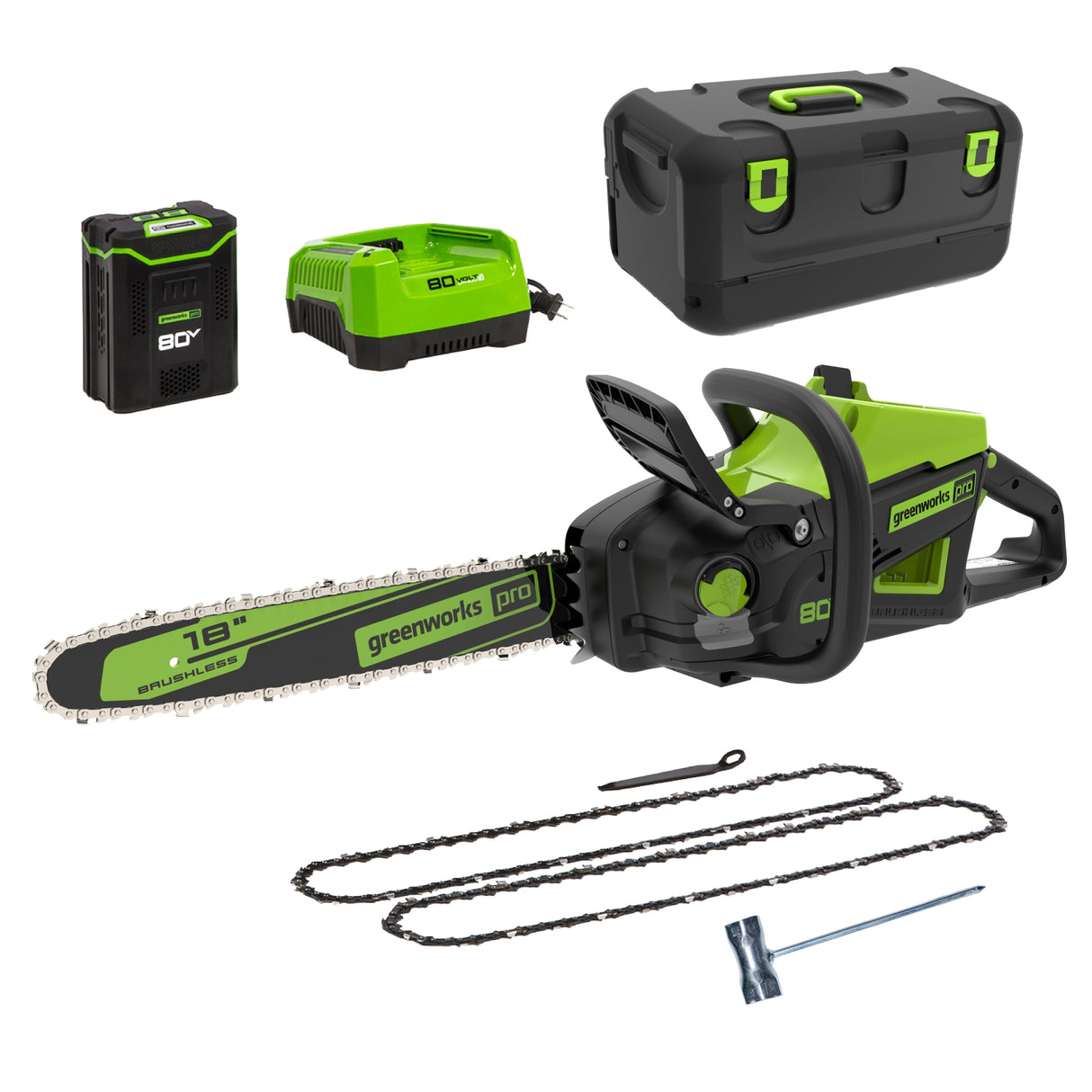 Scie à chaîne 80 V, 18 pouces, 2,5 kW, batterie 4,0 Ah et chargeur inclus BONUS : (2) Chaînes supplémentaires et mallette de transport