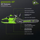 Greenworks 60V 18" 2.0kW Brushless Chainsaw, 4.0Ah Battery & Charger Included