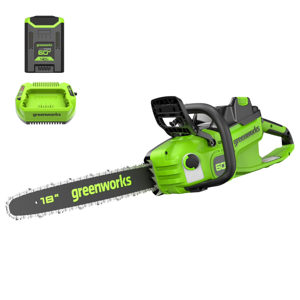 Greenworks 60V 18" 2.0kW Brushless Chainsaw, 4.0Ah Battery & Charger Included