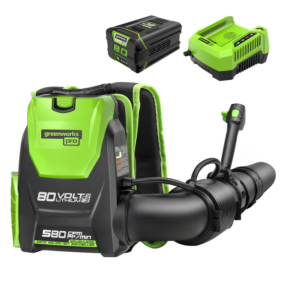 Souffleur à dos sans balais 80 V, 180 MPH - 610 CFM (pi³/min), batterie 2,5 Ah et chargeur inclus – BPB80L2510