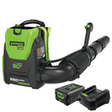 60V 550 CFM - 140 MPH  Cordless Backpack Blower, 5.0Ah Battery and Charger Included