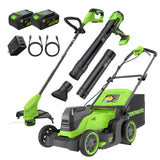48V (24V x 2) 17" Brushless Mower & Blower & Trimmer Combo Kit, (2) 4.0Ah Batteries and 65W Type-C Charger with (2) 3-FT Cables Included