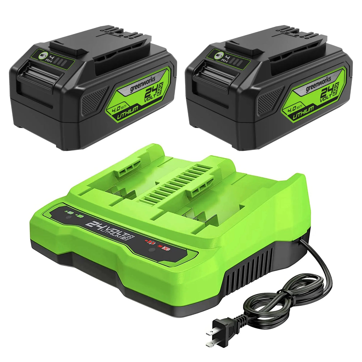 Ensemble 24 V de batteries USB Greenworks 4,0 Ah (Paquet de 2), et chargeur rapide à double port