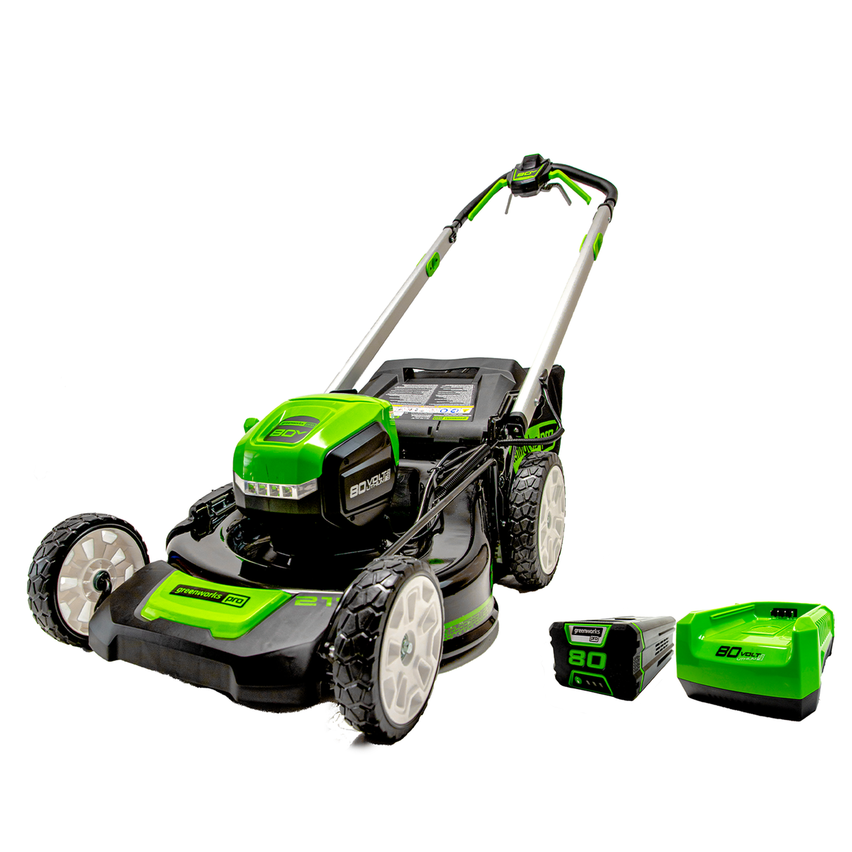Tondeuse autotractée sans balais 80 V, 21 pouces, batterie 4,0 Ah et chargeur
