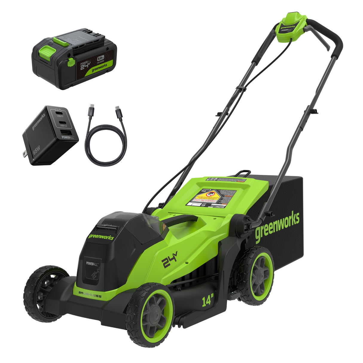 24V 14" Brushless Lawn Mower, 5.0Ah Battery and 65W Type-C Charger Included