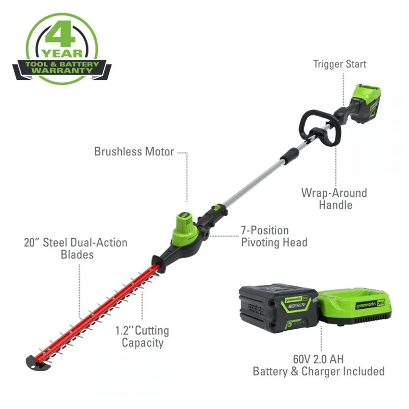 Taille-haie à perche 60 V, 20 pouces, batterie 2,0 Ah et chargeur inclus