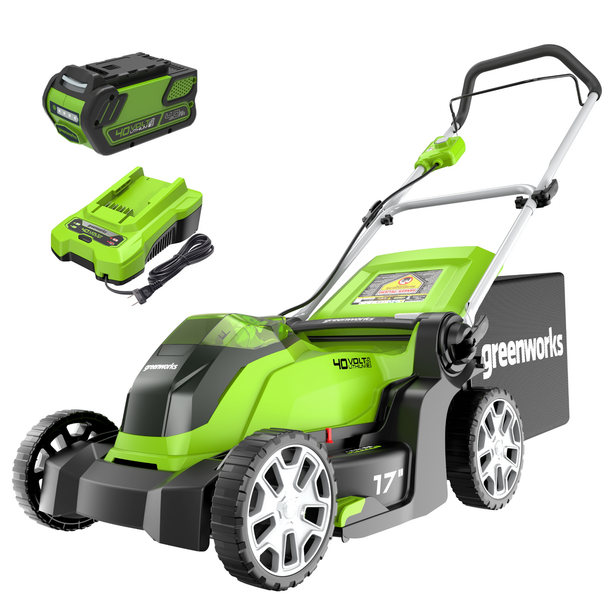 Tondeuse avec balais 40 V, 17 pouces, batterie 4,0 Ah et chargeur inclus