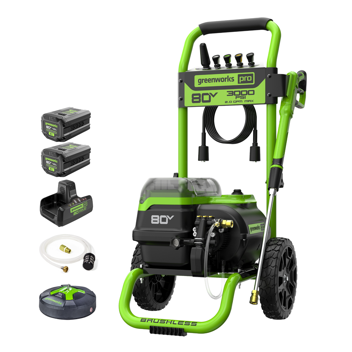 Laveuse à pression sans balais 80 V, 3 000 PSI (lb/po²), 2,0 GPM, (2) batteries 4,0 Ah et chargeur double port inclus