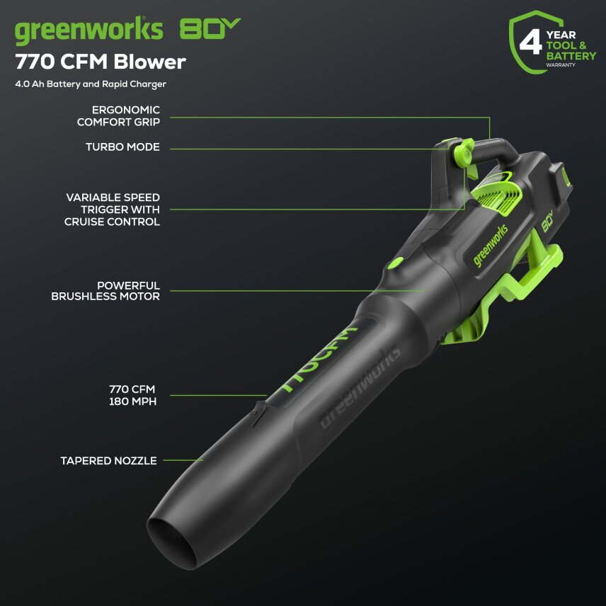 80V 770 CFM 180 MPH Leaf Blower, 4.0Ah Battery and Charger Included
