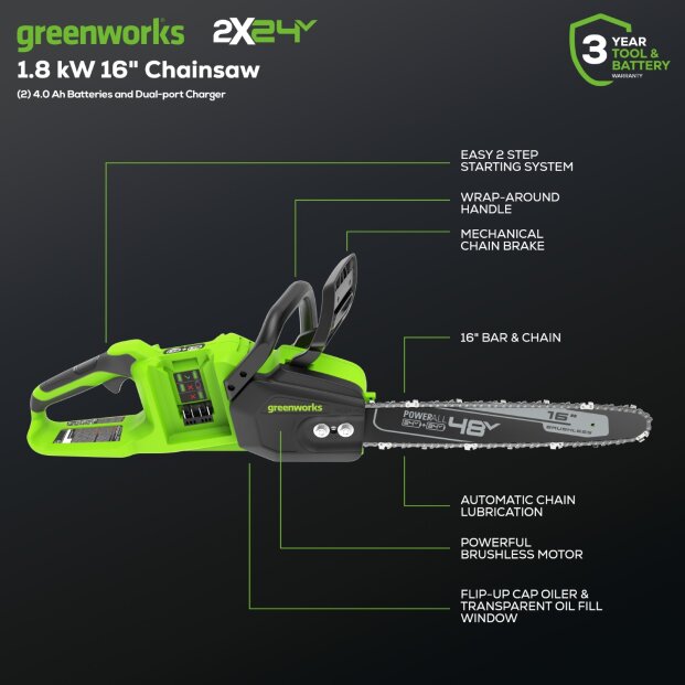 48V (24V x 2) 16" Cordless Battery Chainsaw, (2) 4.0Ah USB Batteries & Dual Port Charger Included