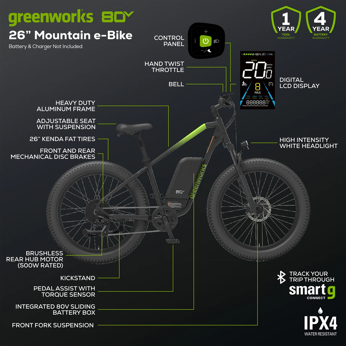 Vélo de montagne électrique à gros pneus 80 V série VENTURE, 26 pouces (Outil seulement)
