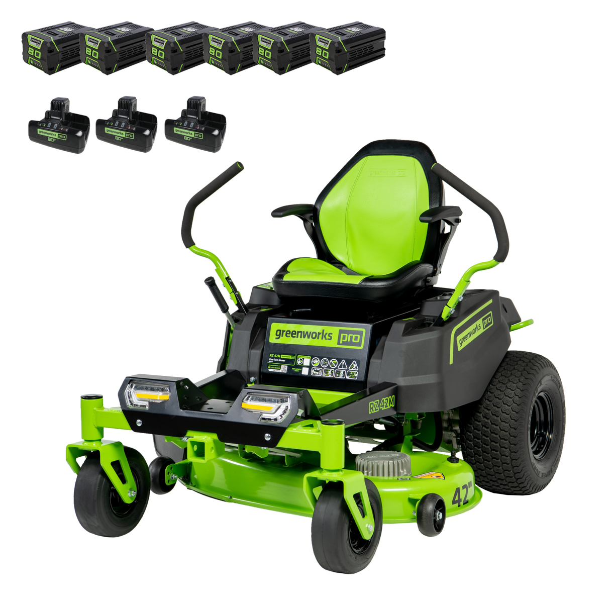 Tondeuse à batterie 80 V, 42 pouces à rayon de braquage zéro, (6) batteries 4,0 Ah et (3) chargeurs double port inclus