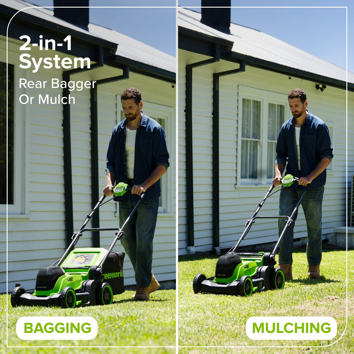 48V (24V x 2) 17" Brushless Mower & Blower & Trimmer Combo Kit, (2) 4.0Ah Batteries and 65W Type-C Charger with (2) 3-FT Cables Included